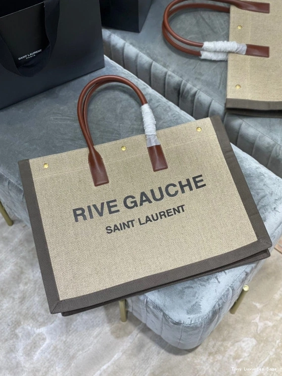 Tony Luxuries AND TOTE YSL RIVE LINEN BAG IN LEATHER GAUCHE 0812
